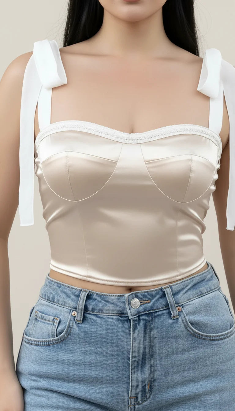 Beige Satin Corset Top - Vue face