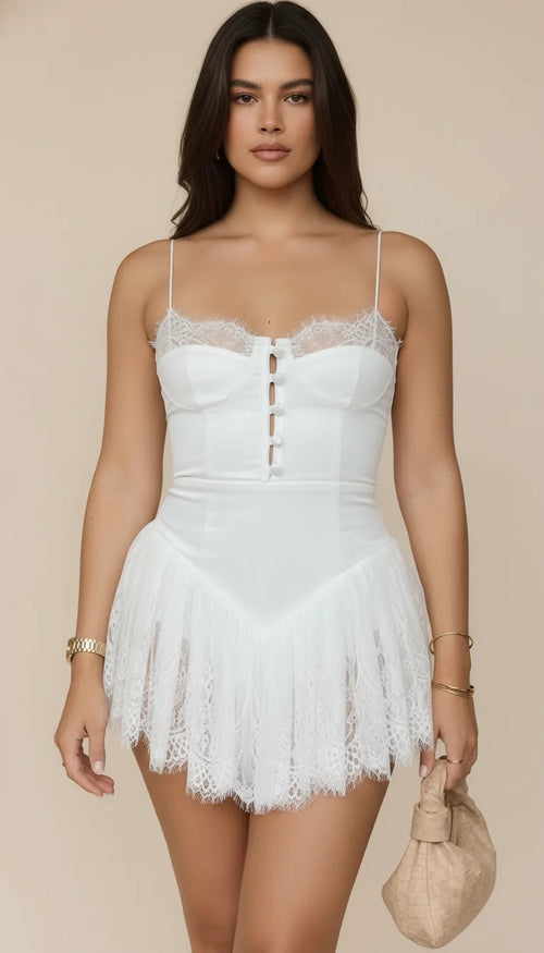 Body Corset Dentelle Plissée Blanc Pur - Vue principale
