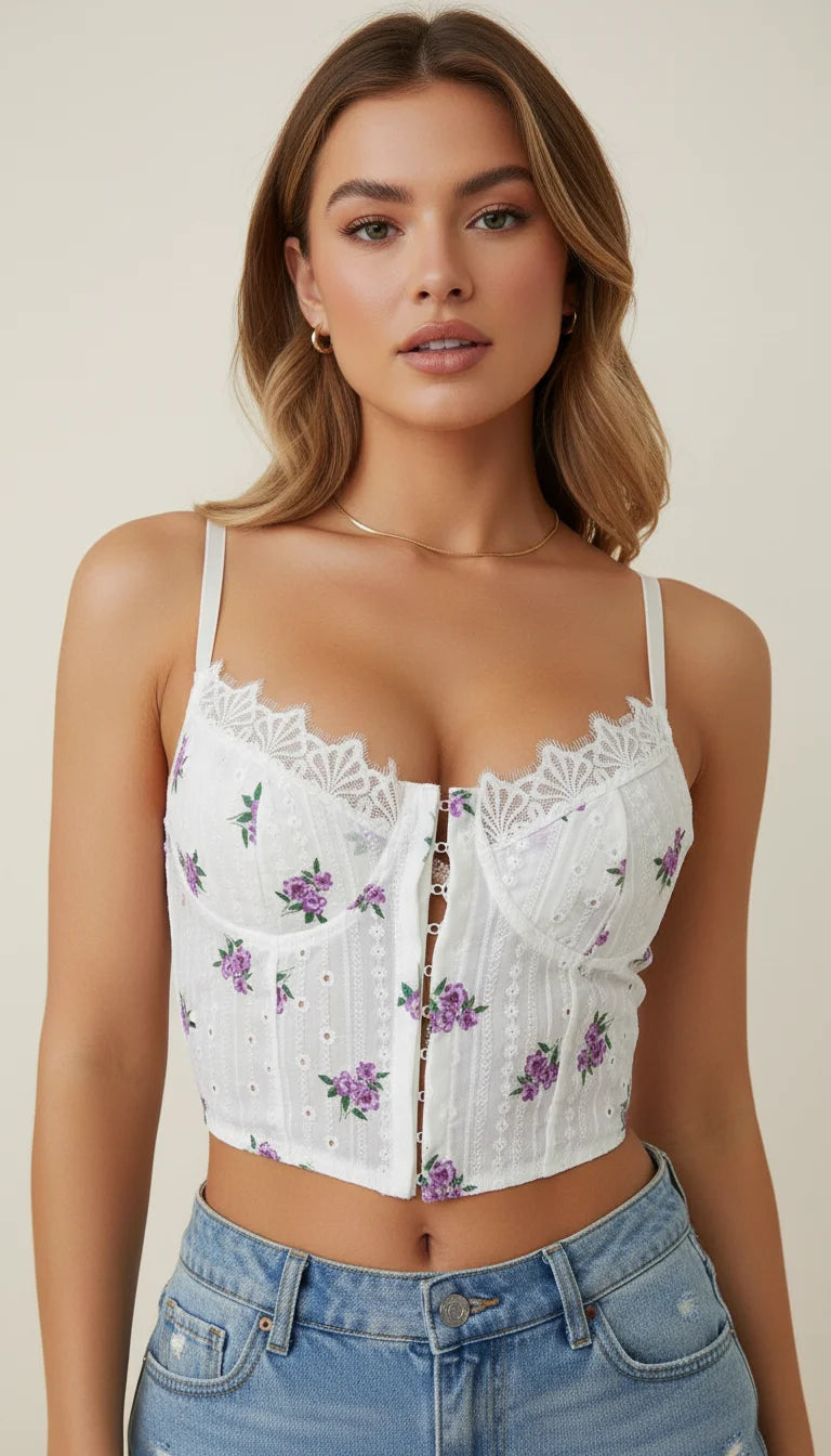 Bustier Corset Broderie Fleurie Blanche