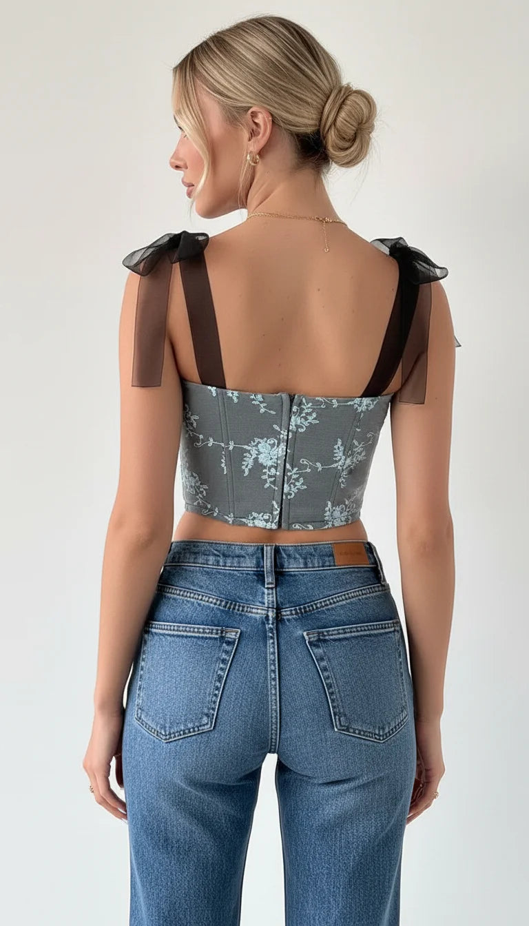Bustier Corset Broderie Florale Grise - Vue dos
