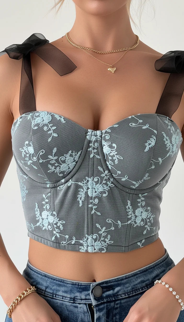 Bustier Corset Broderie Florale Grise - Vue face