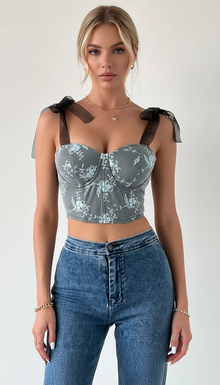 Bustier Corset Broderie Florale Grise - Vue principale