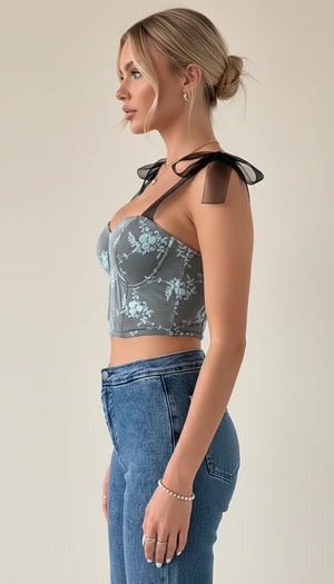 Bustier Corset Broderie Florale Grise - Vue profil