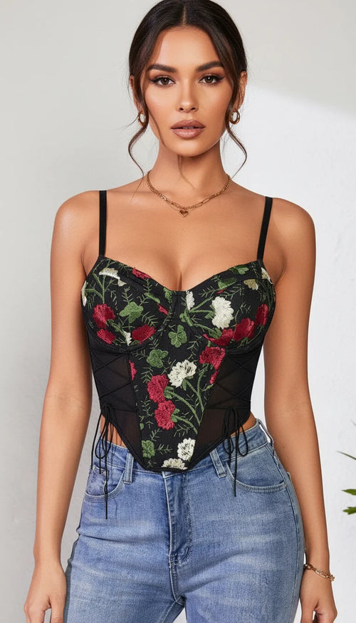 Bustier Corset Broderie Florale Noire - Vue principale