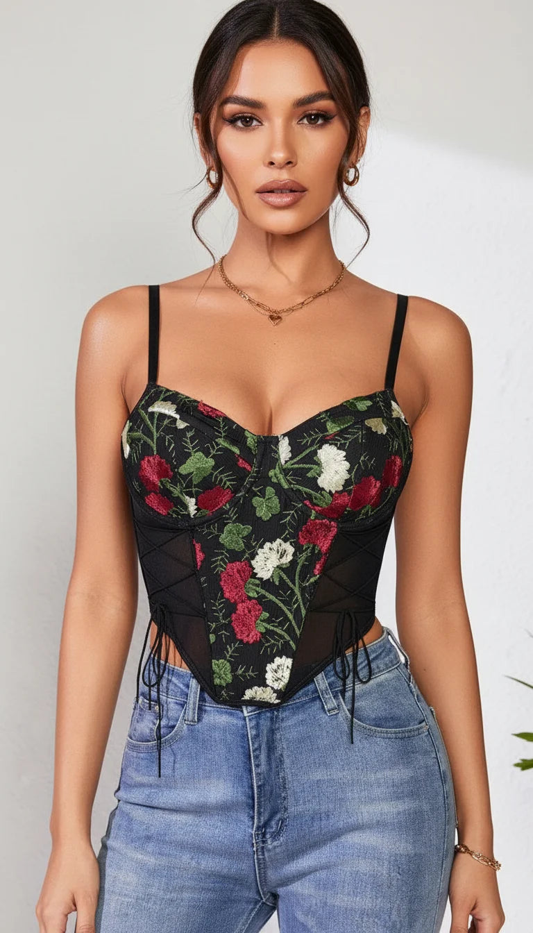 Bustier Corset Broderie Florale Noire - Vue principale