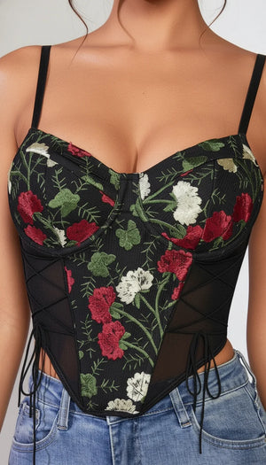 Bustier Corset Broderie Florale Noire - Vue profil