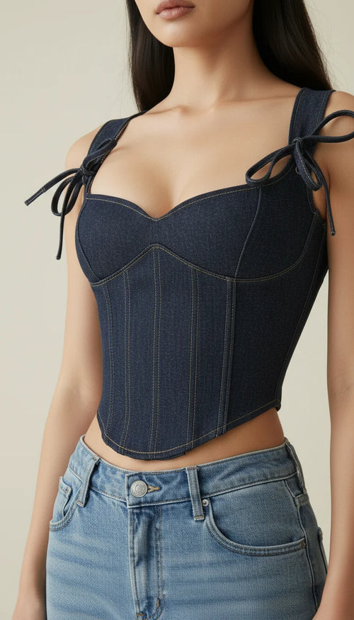 Bustier Corset Denim Lacé Bleu - Vue face