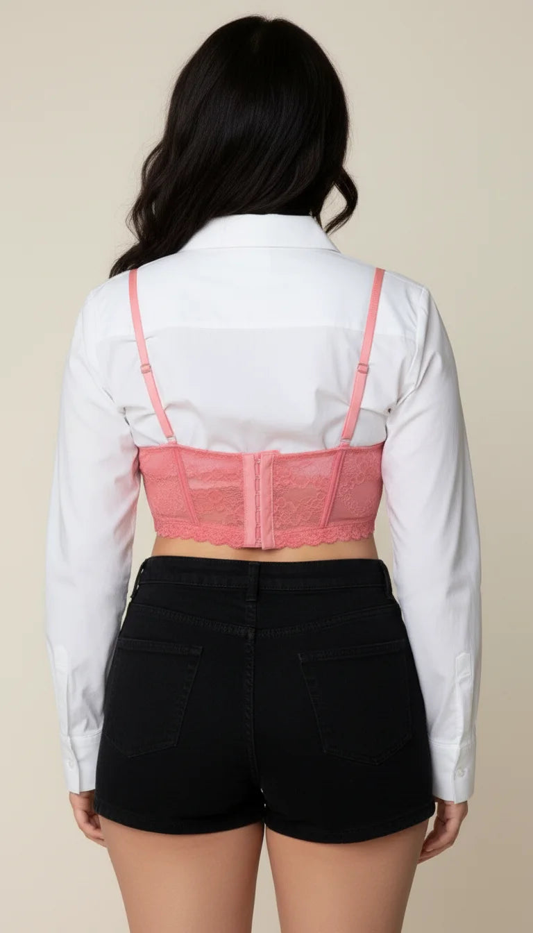 Bustier Corset Dentelle Fleurie Rose - Vue dos