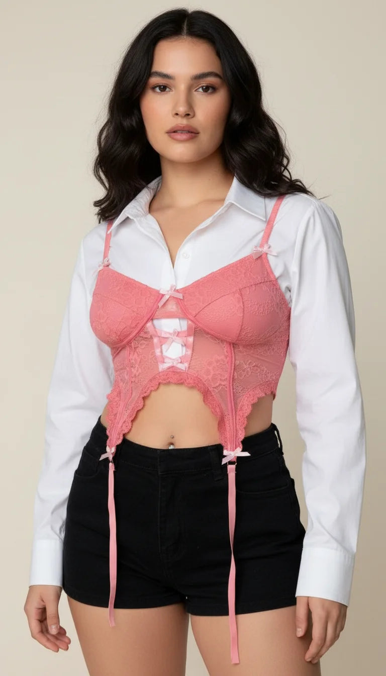 Bustier Corset Dentelle Fleurie Rose