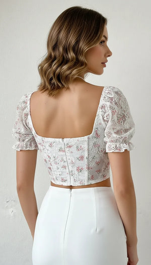 Bustier Corset Dentelle Florale Manches Bouffantes - Vue dos