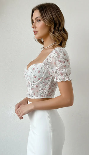 Bustier Corset Dentelle Florale Manches Bouffantes - Vue profil