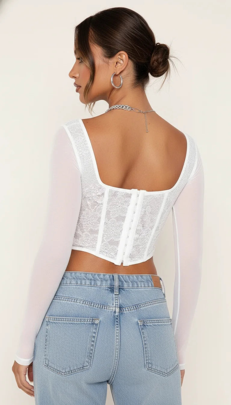 Bustier Corset Dentelle Manches Voile - Vue dos