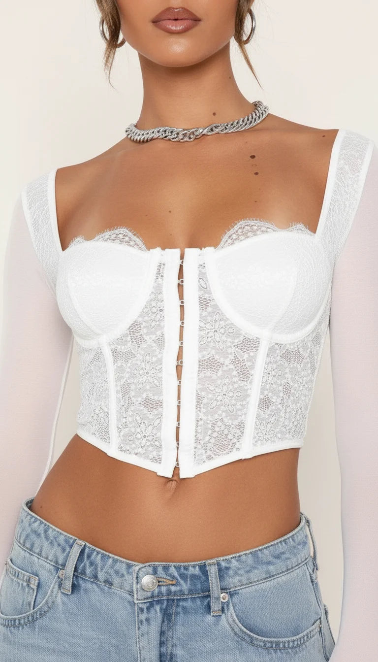 Bustier Corset Dentelle Manches Voile - Vue face