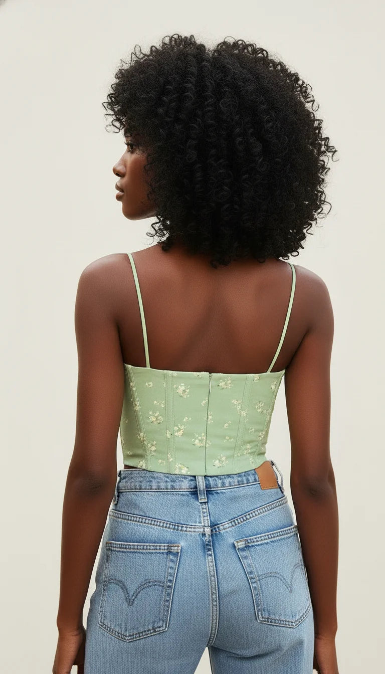 Bustier Corset Drapé Fleuri Vert - Vue dos