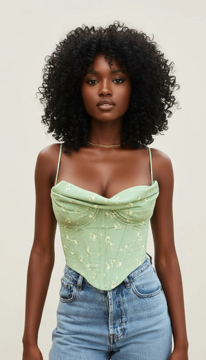 Bustier Corset Drapé Fleuri Vert - Vue principale