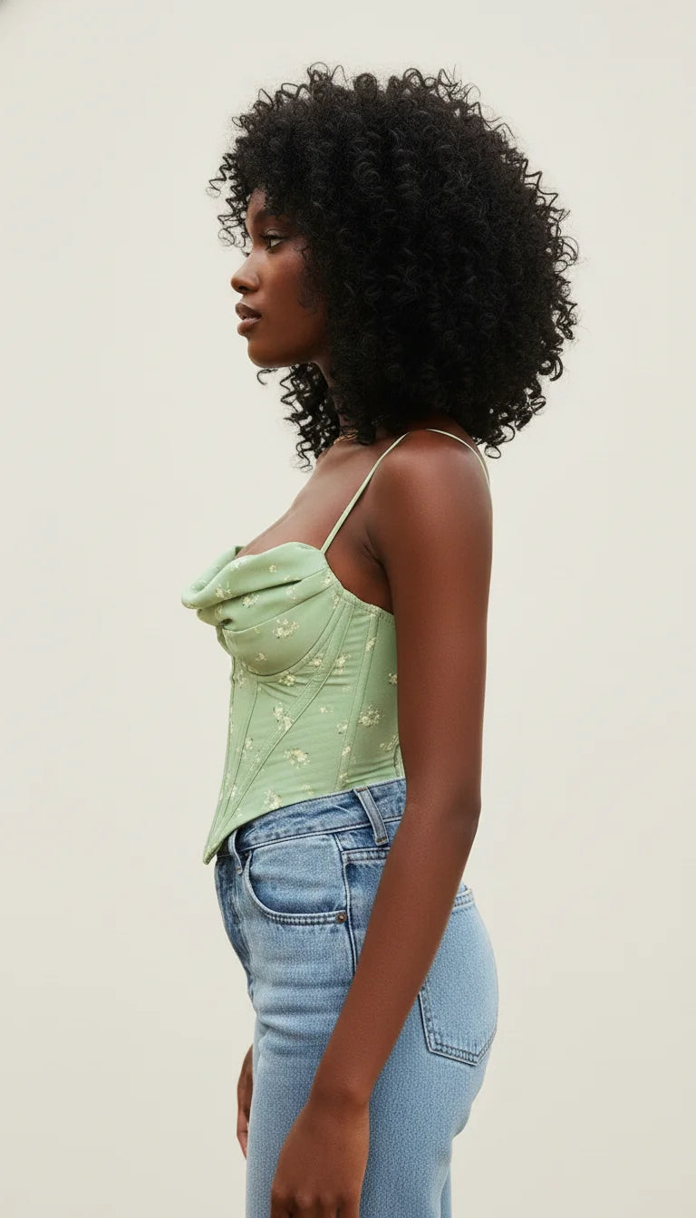 Bustier Corset Drapé Fleuri Vert - Vue profil