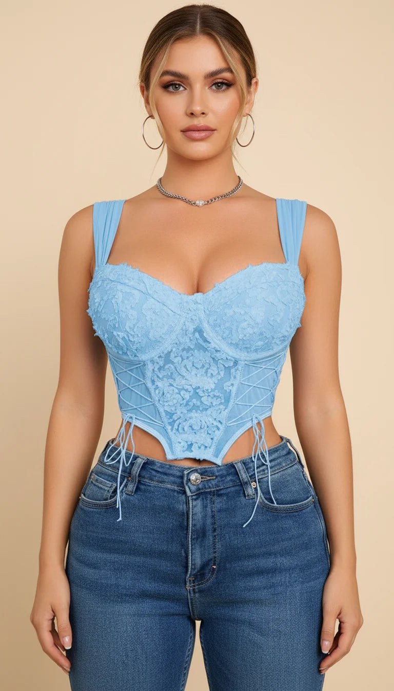Bustier Corset Fleuri Bleu Pâle - Vue principale