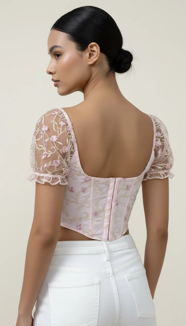 Bustier Corset Fleuri Manches Tulle - Vue dos