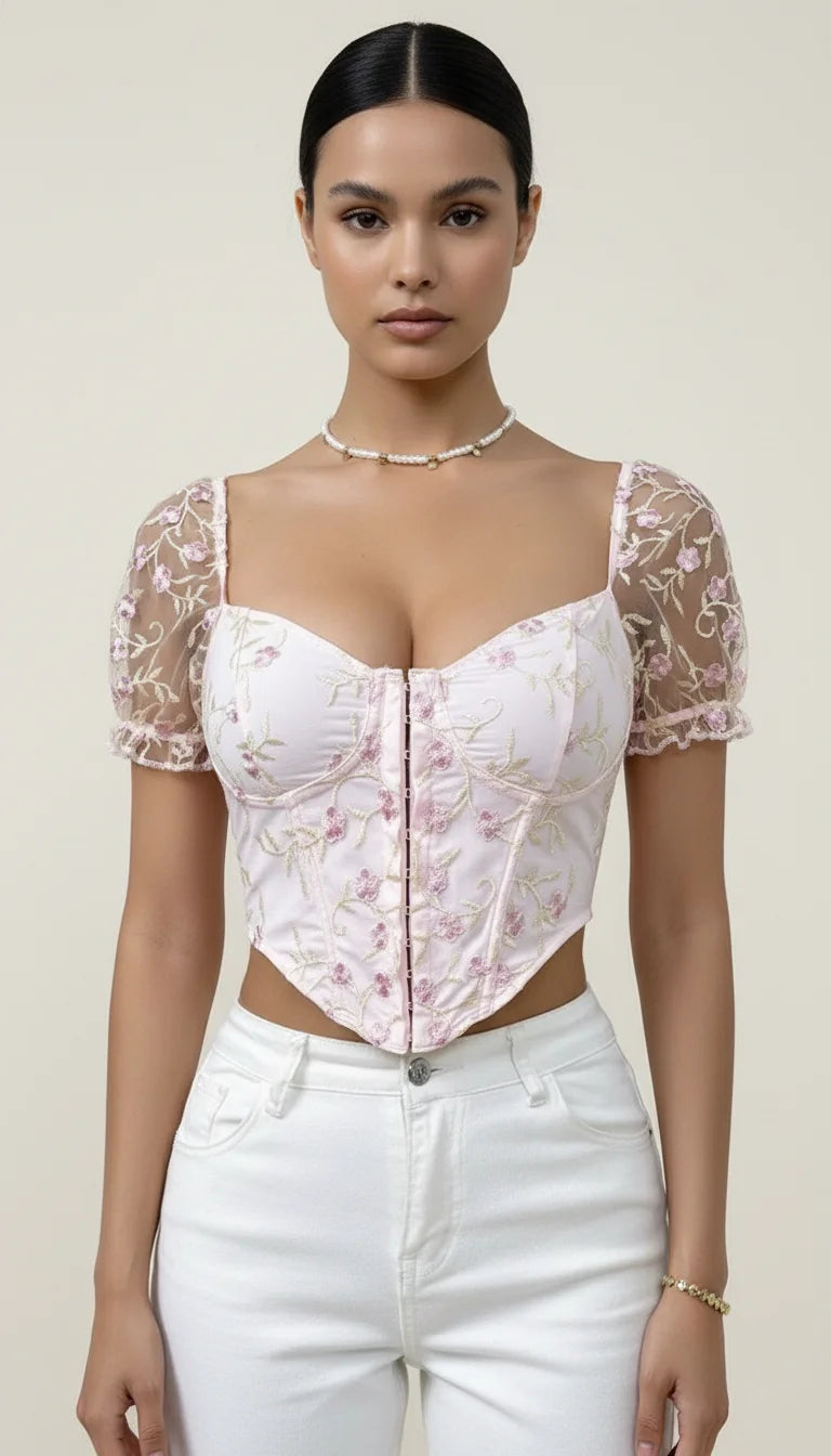 Bustier Corset Fleuri Manches Tulle - Vue principale
