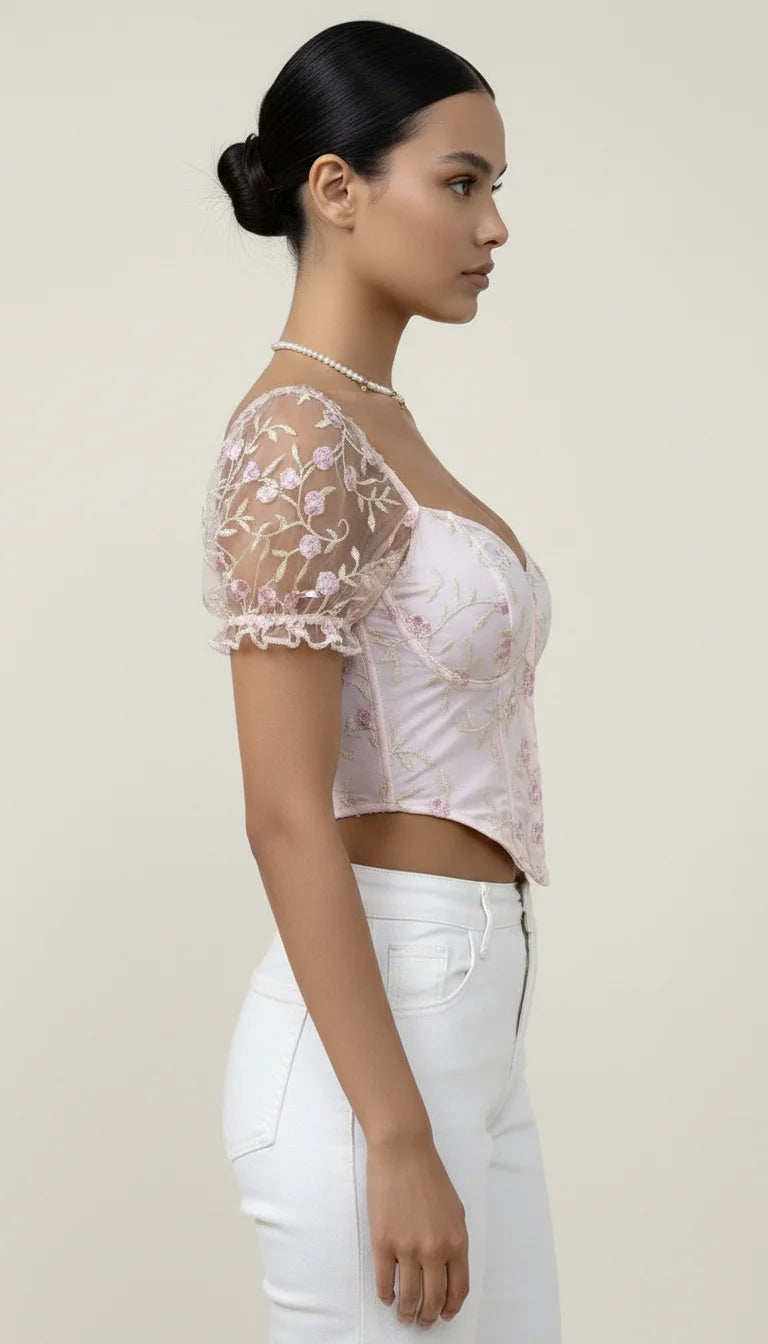 Bustier Corset Fleuri Manches Tulle - Vue profil