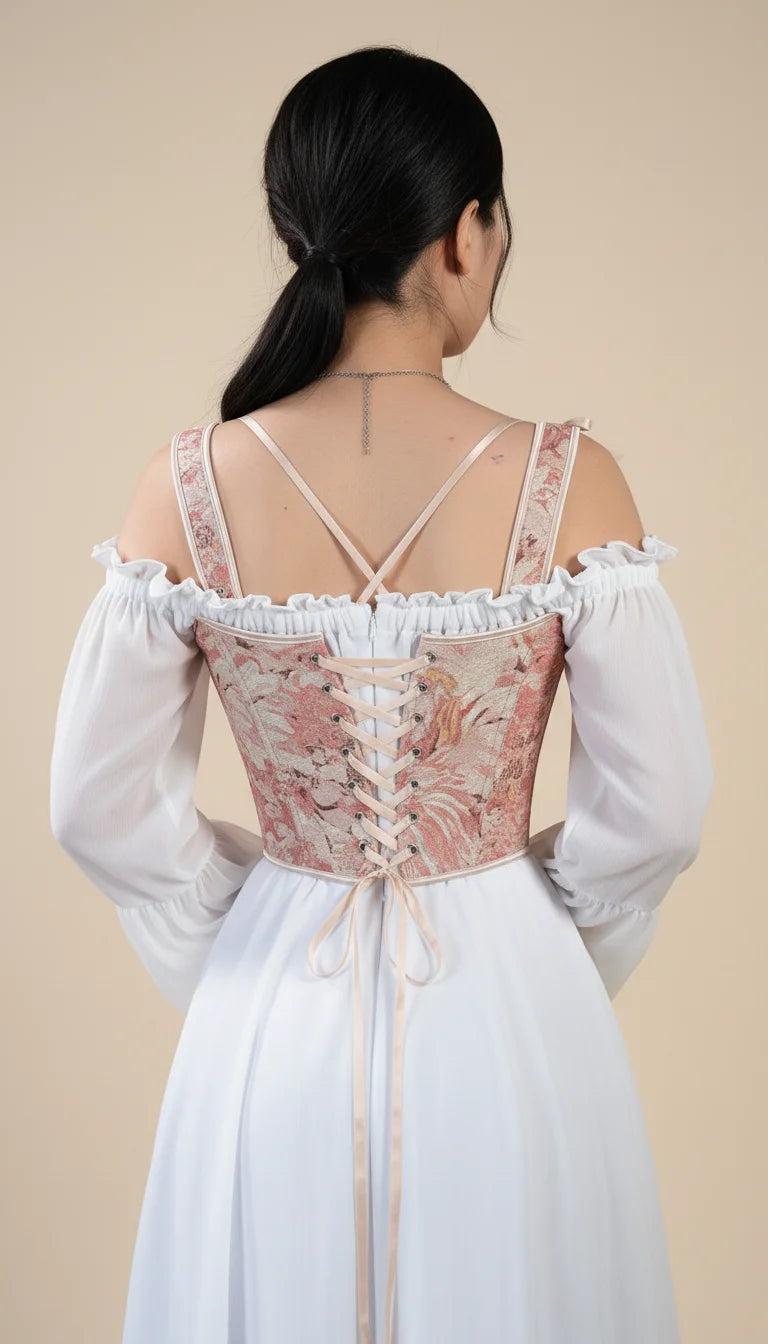 Bustier Corset Fleuri Rose Corail - Vue dos