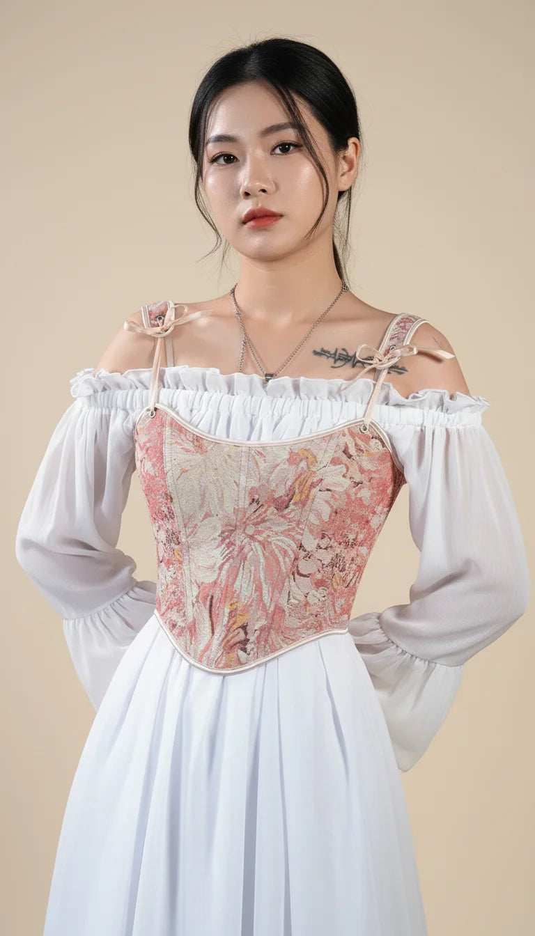 Bustier Corset Fleuri Rose Corail - Vue principale
