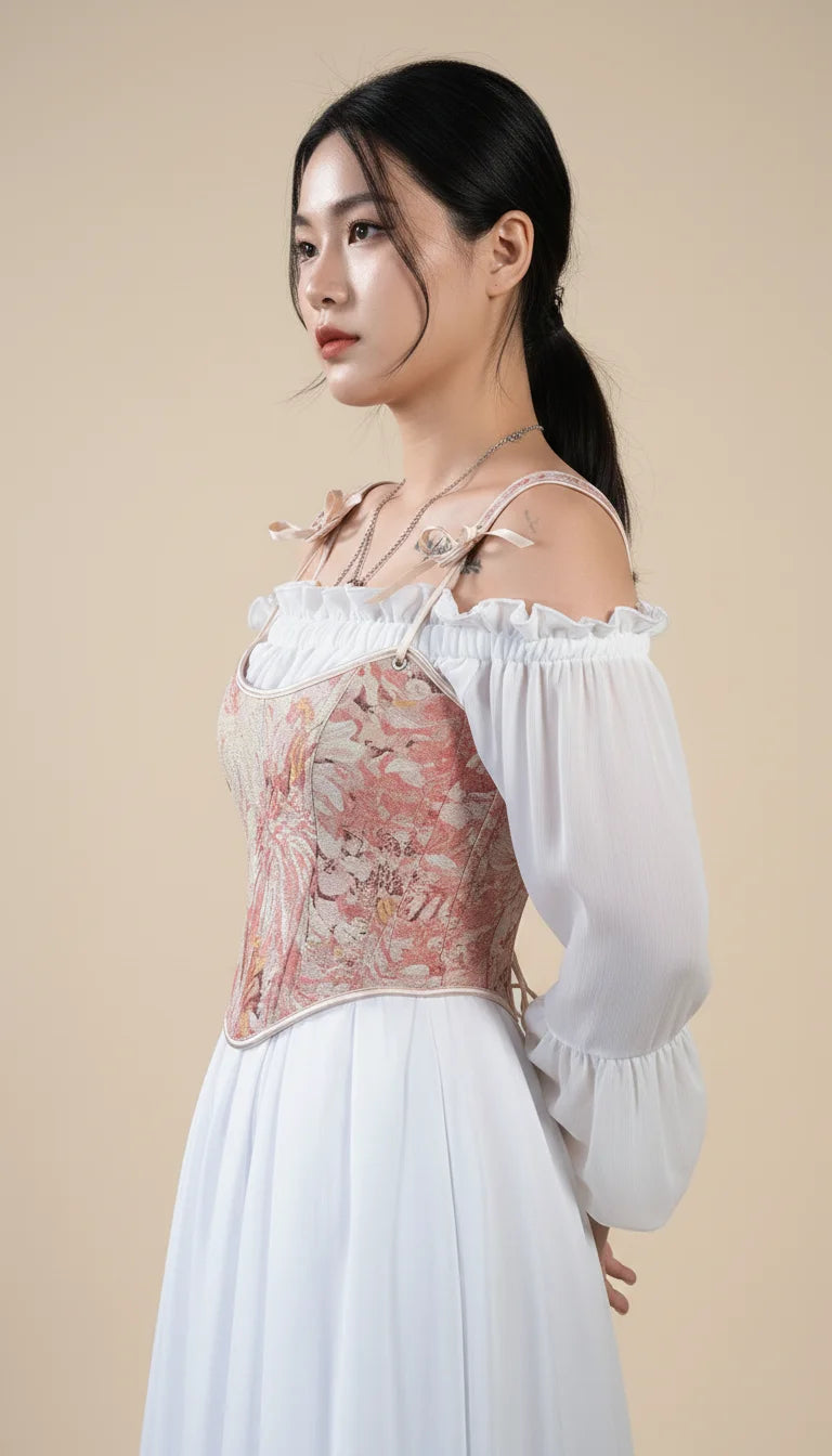 Bustier Corset Fleuri Rose Corail - Vue profil
