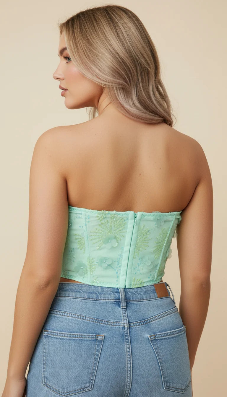 Bustier Corset Floral Pailleté Menthe - Vue dos