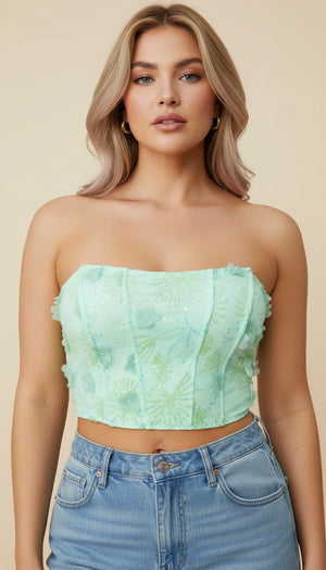 Bustier Corset Floral Pailleté Menthe - Vue principale