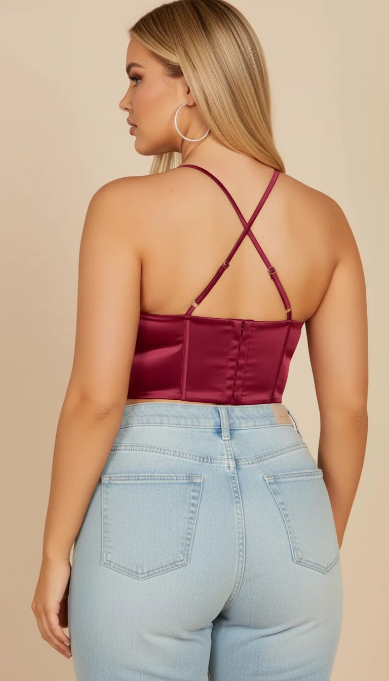 Bustier Corset Laçage Satiné Bordeaux - Vue dos