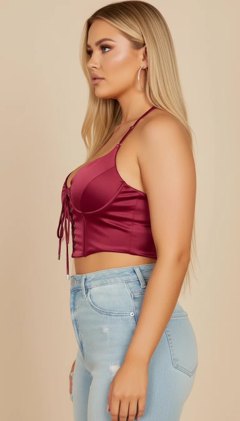 Bustier Corset Laçage Satiné Bordeaux - Vue profil