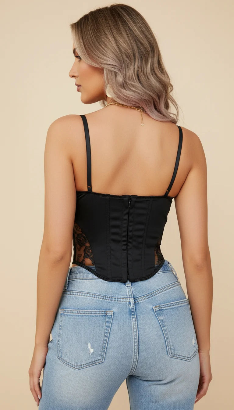 Bustier Corset Maille Fleurie Noire - Vue dos