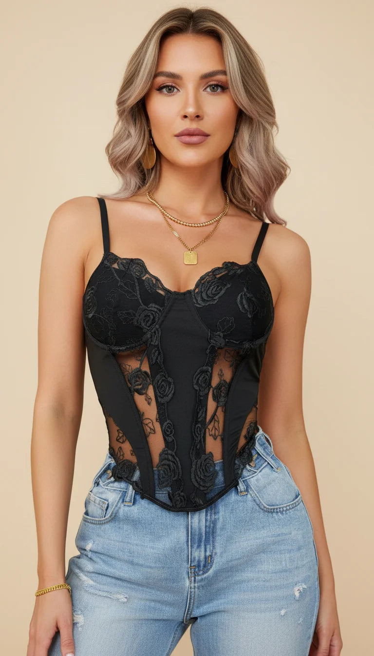 Bustier Corset Maille Fleurie Noire