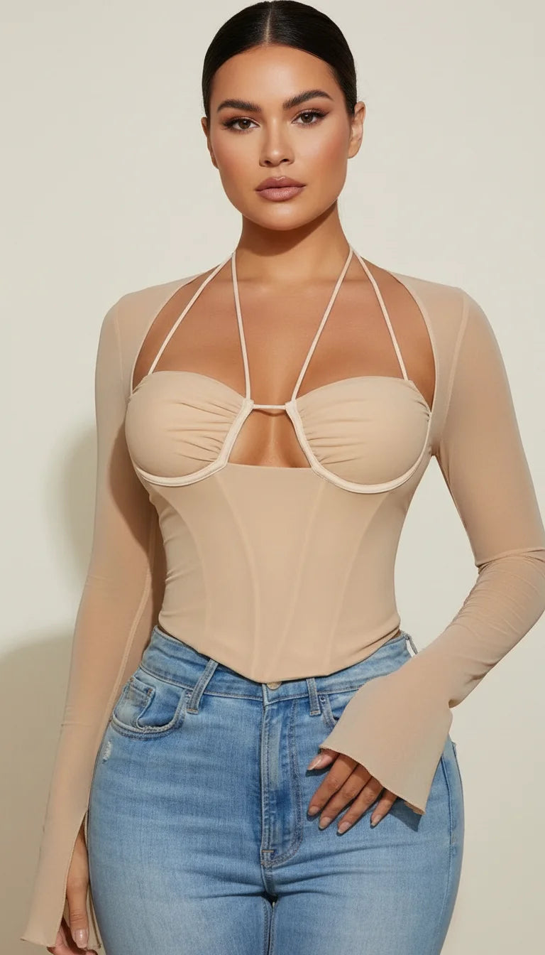 Bustier Corset Maille Halter Beige