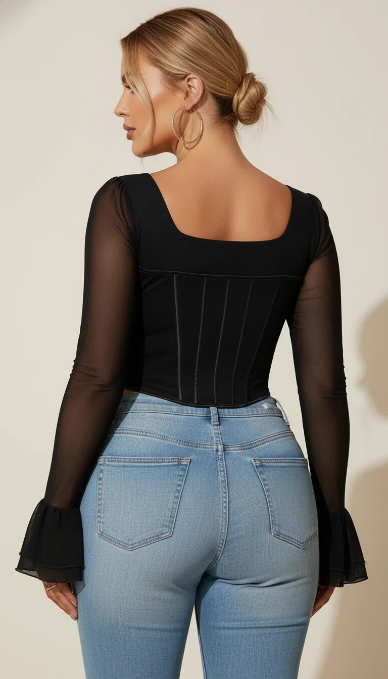 Bustier Corset Manches Transparentes Noir - Vue dos