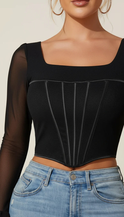 Bustier Corset Manches Transparentes Noir - Vue face