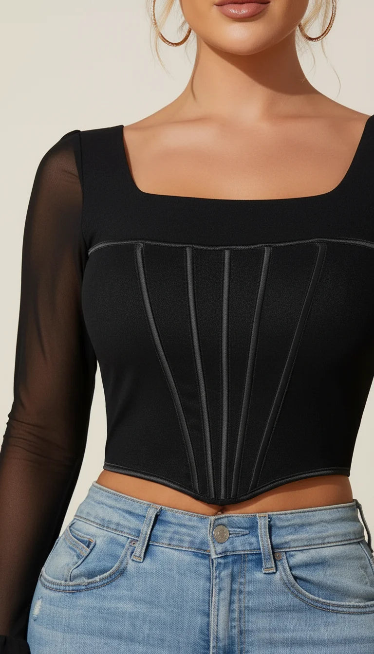 Bustier Corset Manches Transparentes Noir - Vue face
