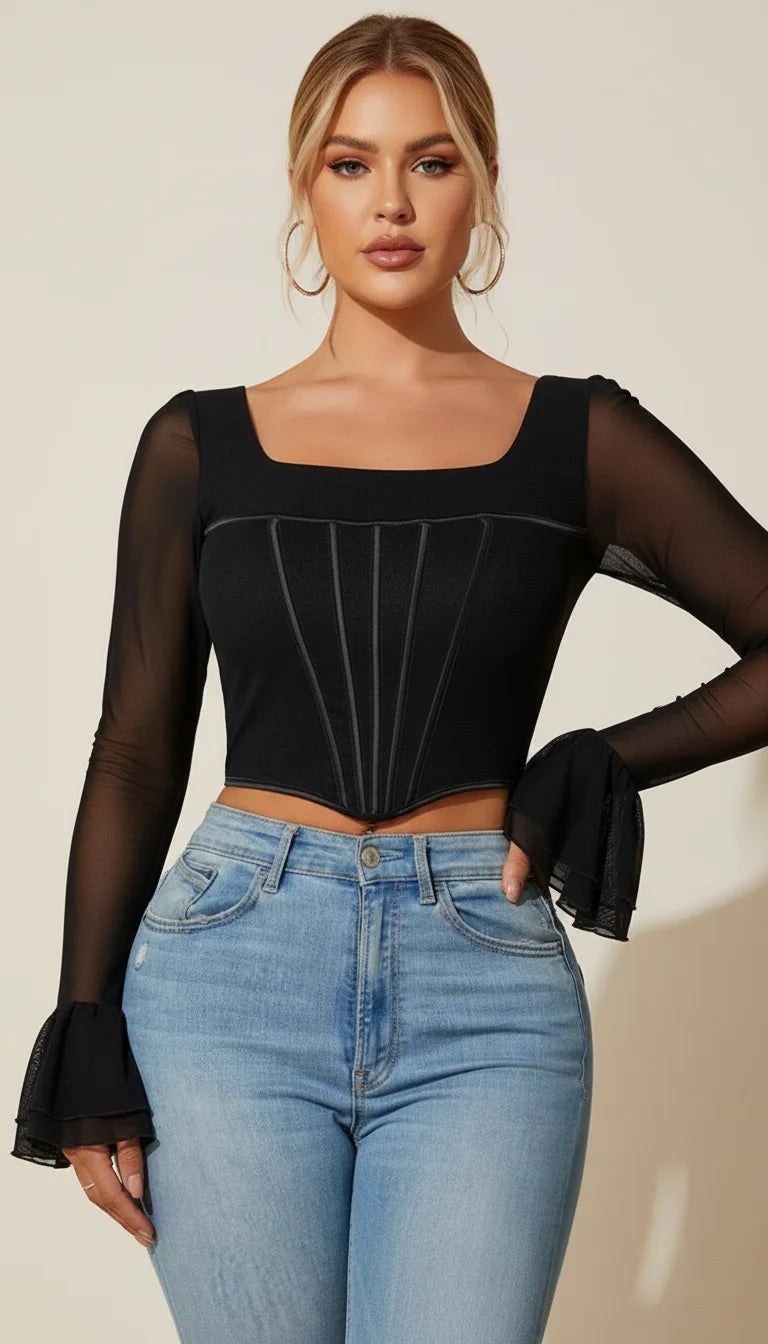 Bustier Corset Manches Transparentes Noir