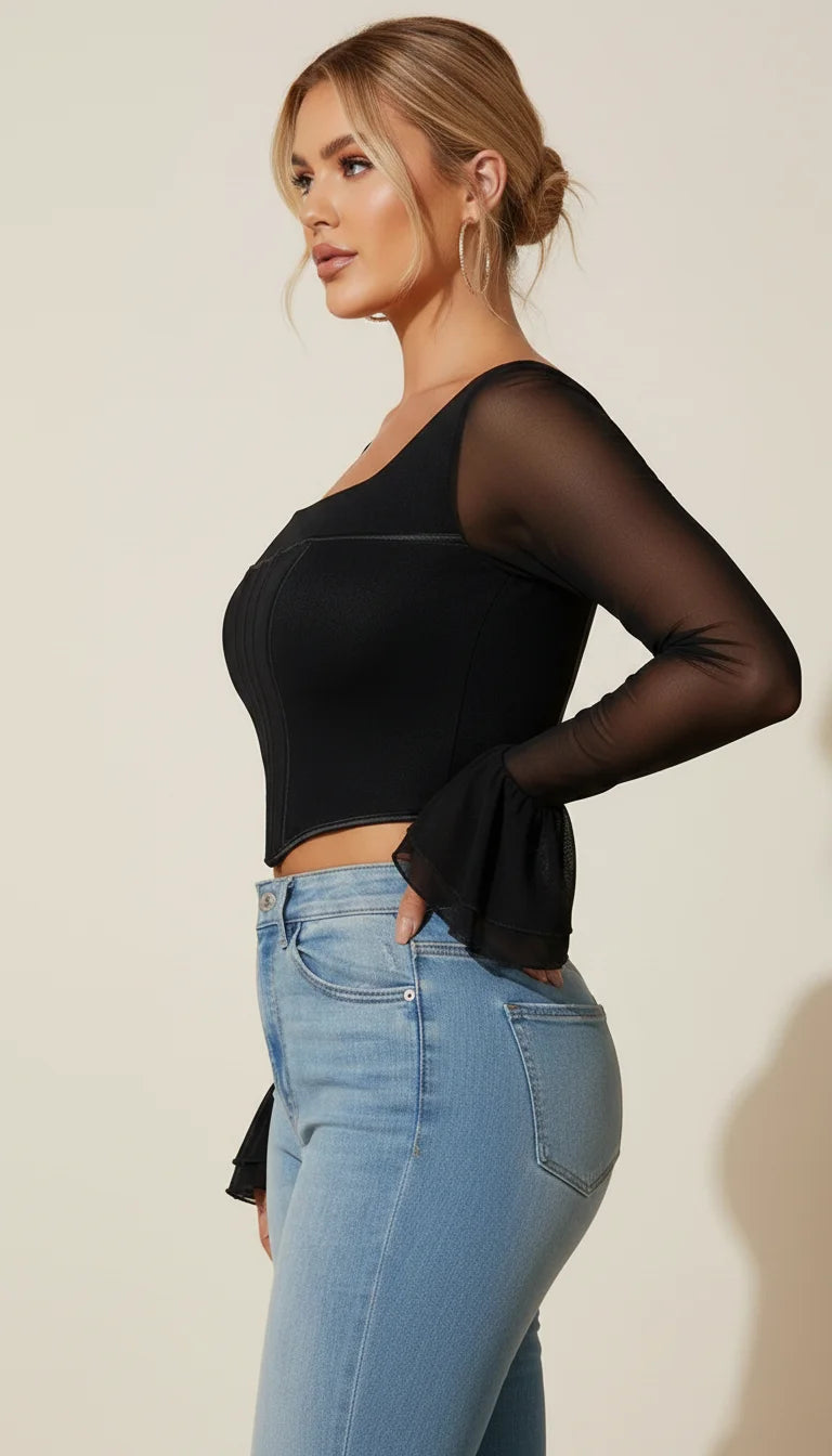 Bustier Corset Manches Transparentes Noir - Vue profil