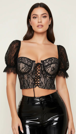 Bustier Corset Noir Dentelle Fleurie - Vue principale