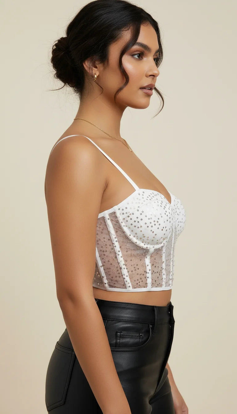 Bustier Corset Paillettes Blanches - Vue profil