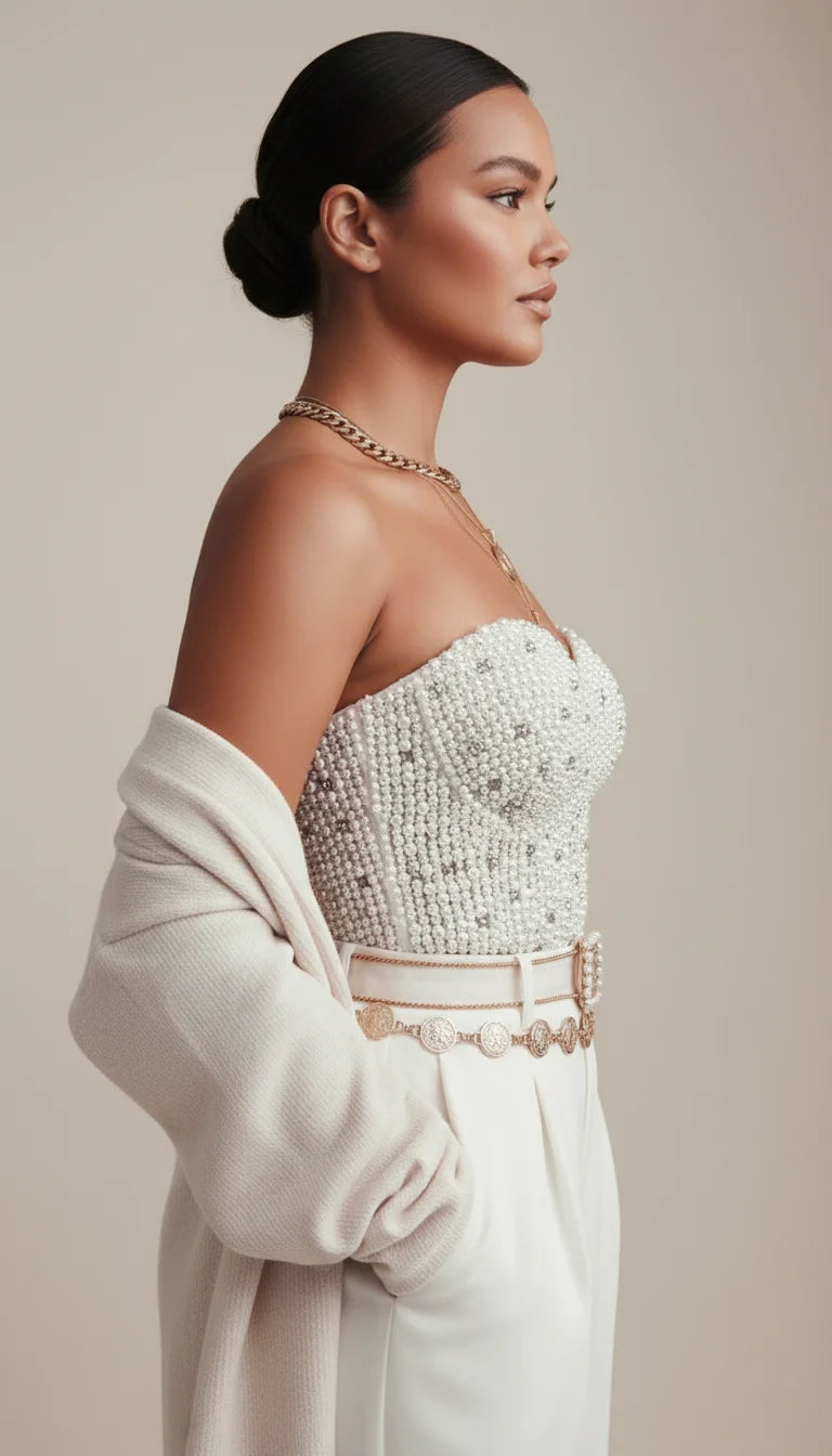 Bustier Corset Perlé Blanc - Vue profil