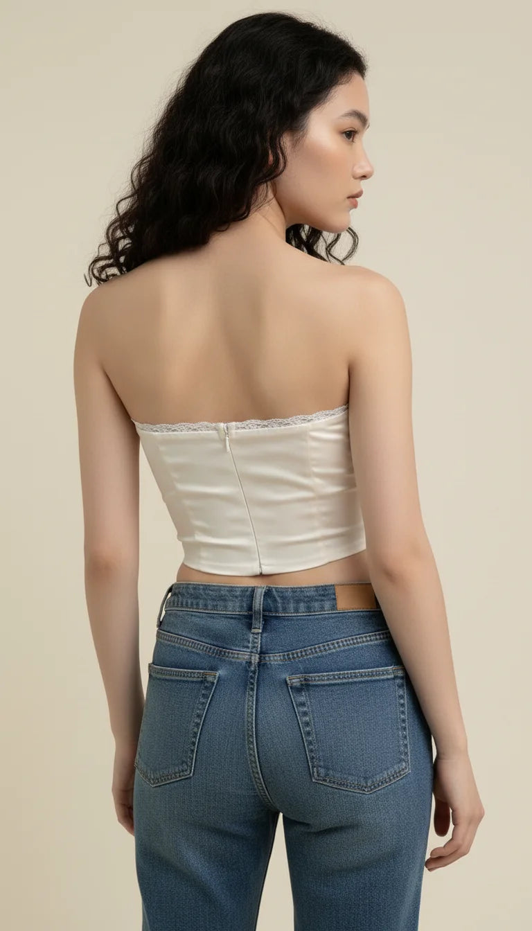 Bustier Corset Satin Crème Lacé - Vue dos