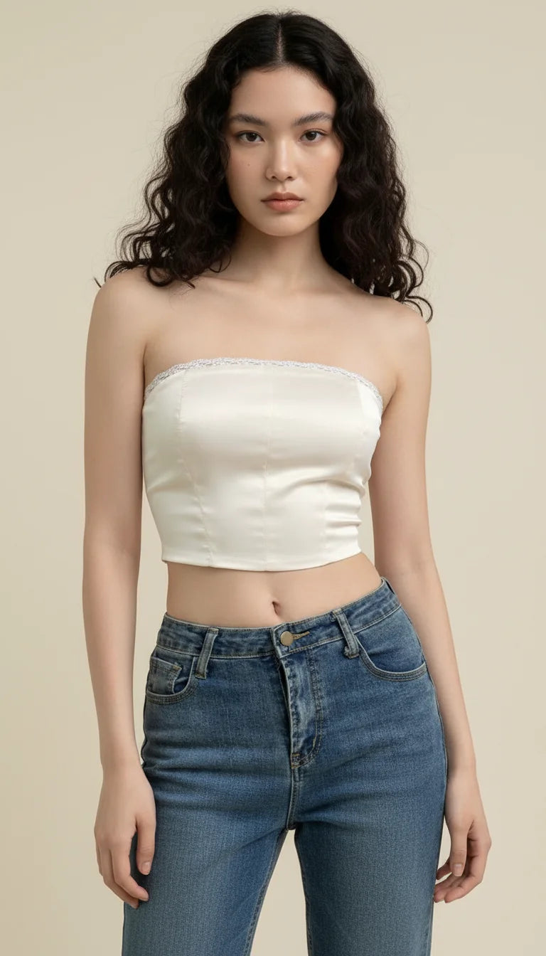 Bustier Corset Satin Crème Lacé - Vue principale