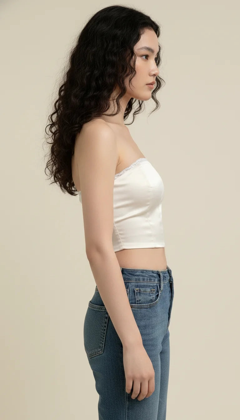 Bustier Corset Satin Crème Lacé - Vue profil