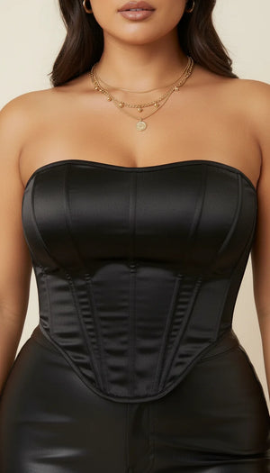 Bustier Corset Satin Structuré Noir - Vue face