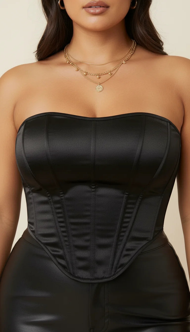 Bustier Corset Satin Structuré Noir - Vue face