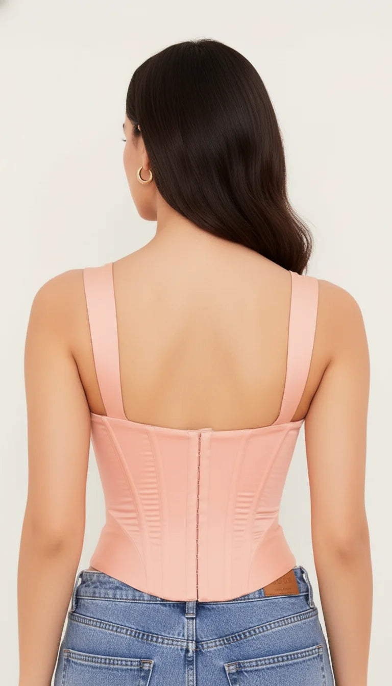 Bustier Corset Satiné Rose Pêche - Vue dos