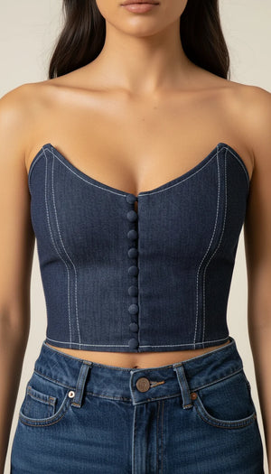 Bustier Crop Top Jean Boutonné - Vue face