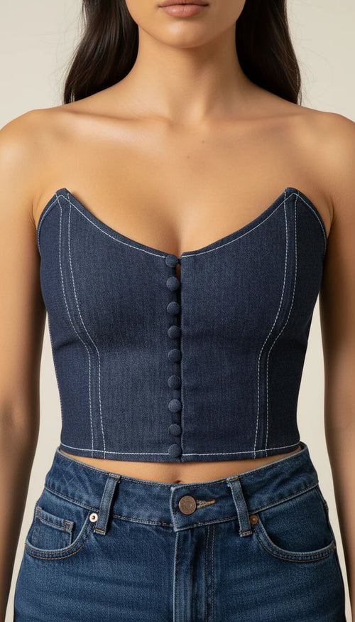Bustier Crop Top Jean Boutonné - Vue face